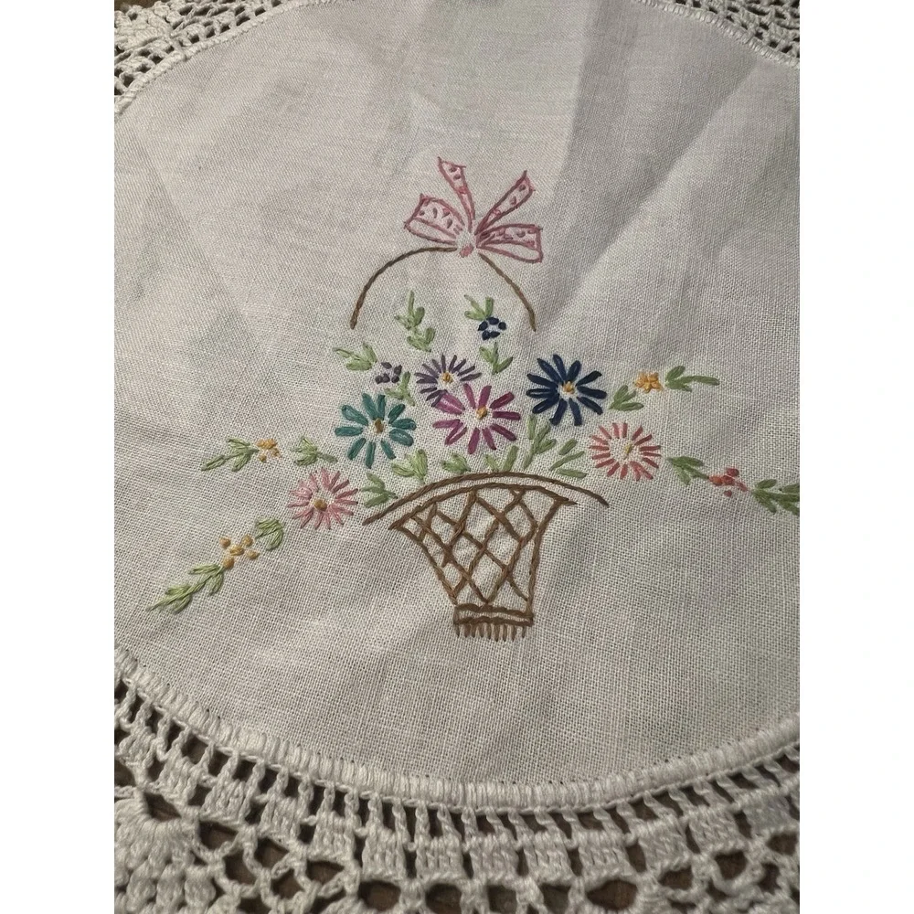 Round White Linen Doily Embroidered Floral Basket w/ Crocheted Lace Edge
